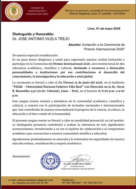 Invitación a la ceremonia del Premio Internacional 2026, celebrada en Lima el 12 de junio de 2026