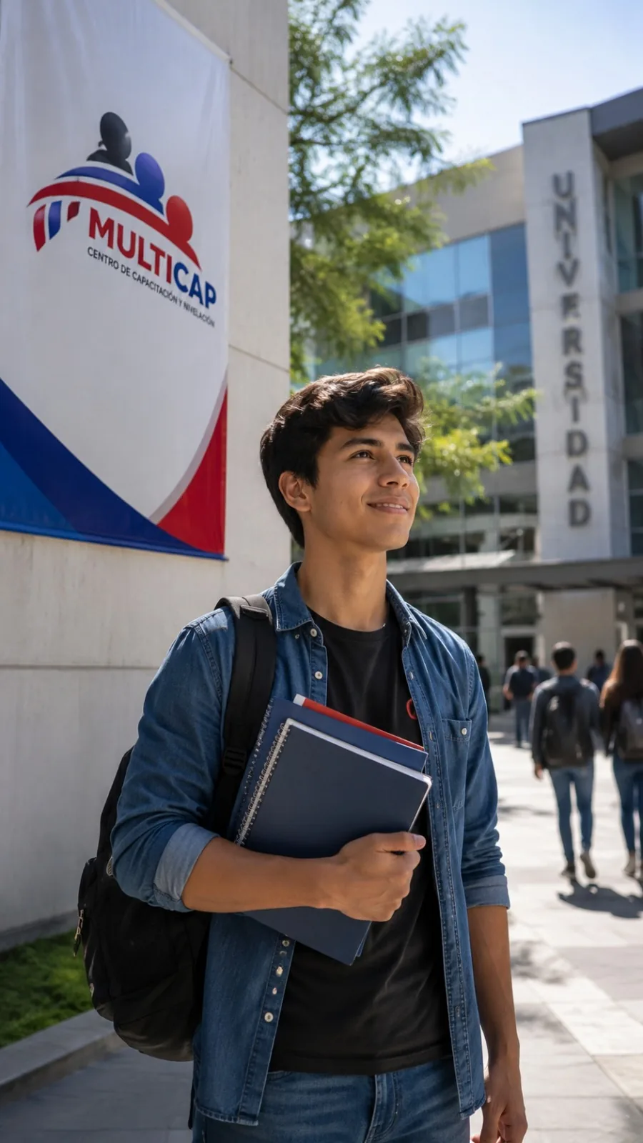 Estudiante frente a la universidad junto al banner de MULTICAP