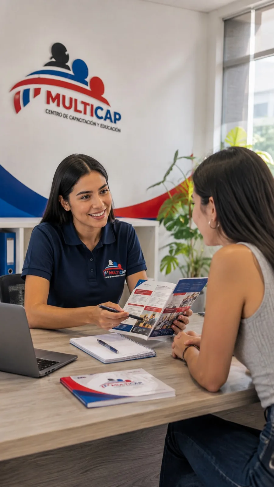 Asesora de MULTICAP orientando a una estudiante con material informativo